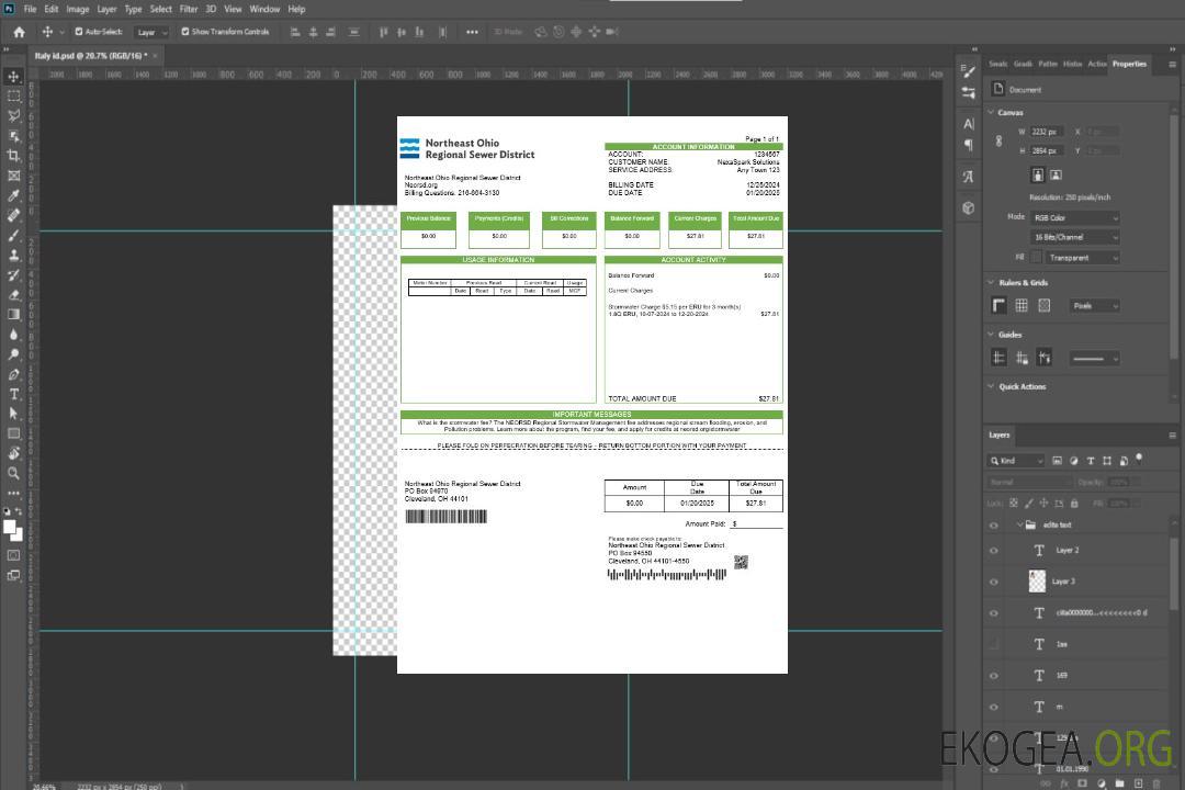 Modèle Word et PDF de facture de services publics du district régional des égouts du nord-est de l'Ohio des États-Unis 1 template